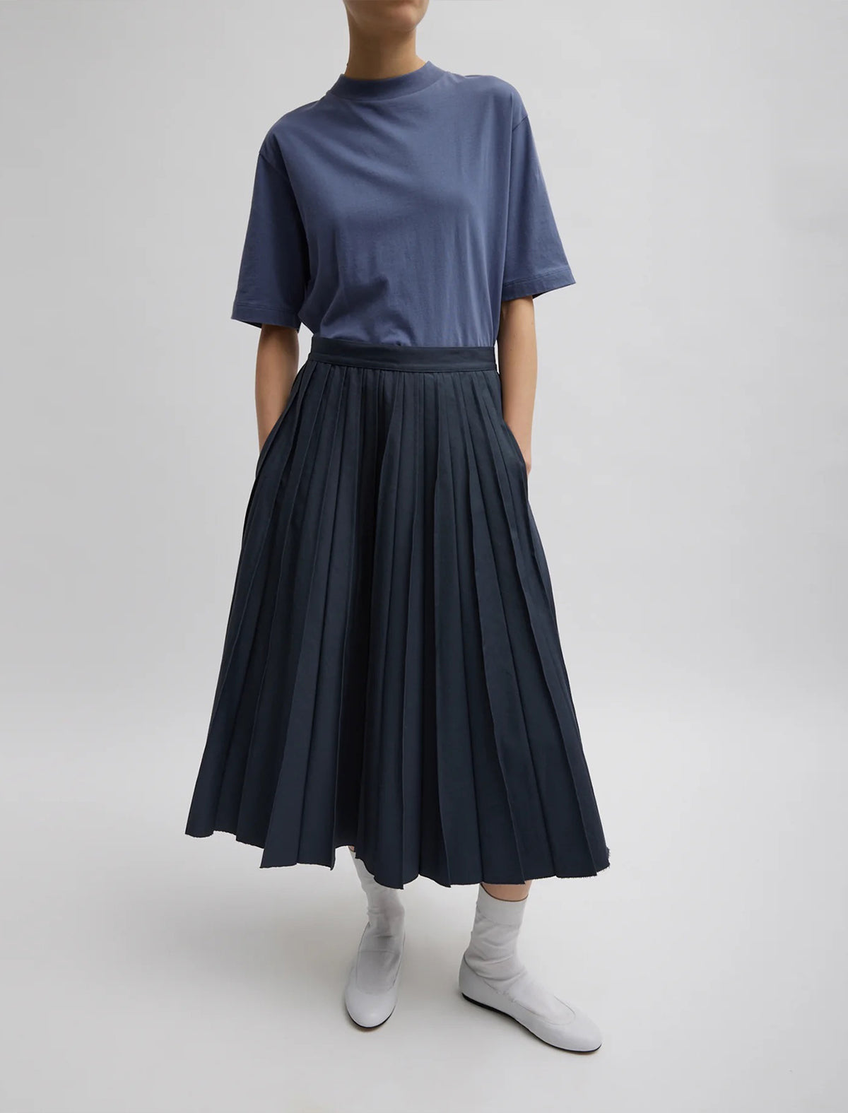TIBI Oliver Cotton Stretch Tricotine Pintucked Skirt In Slate Blue