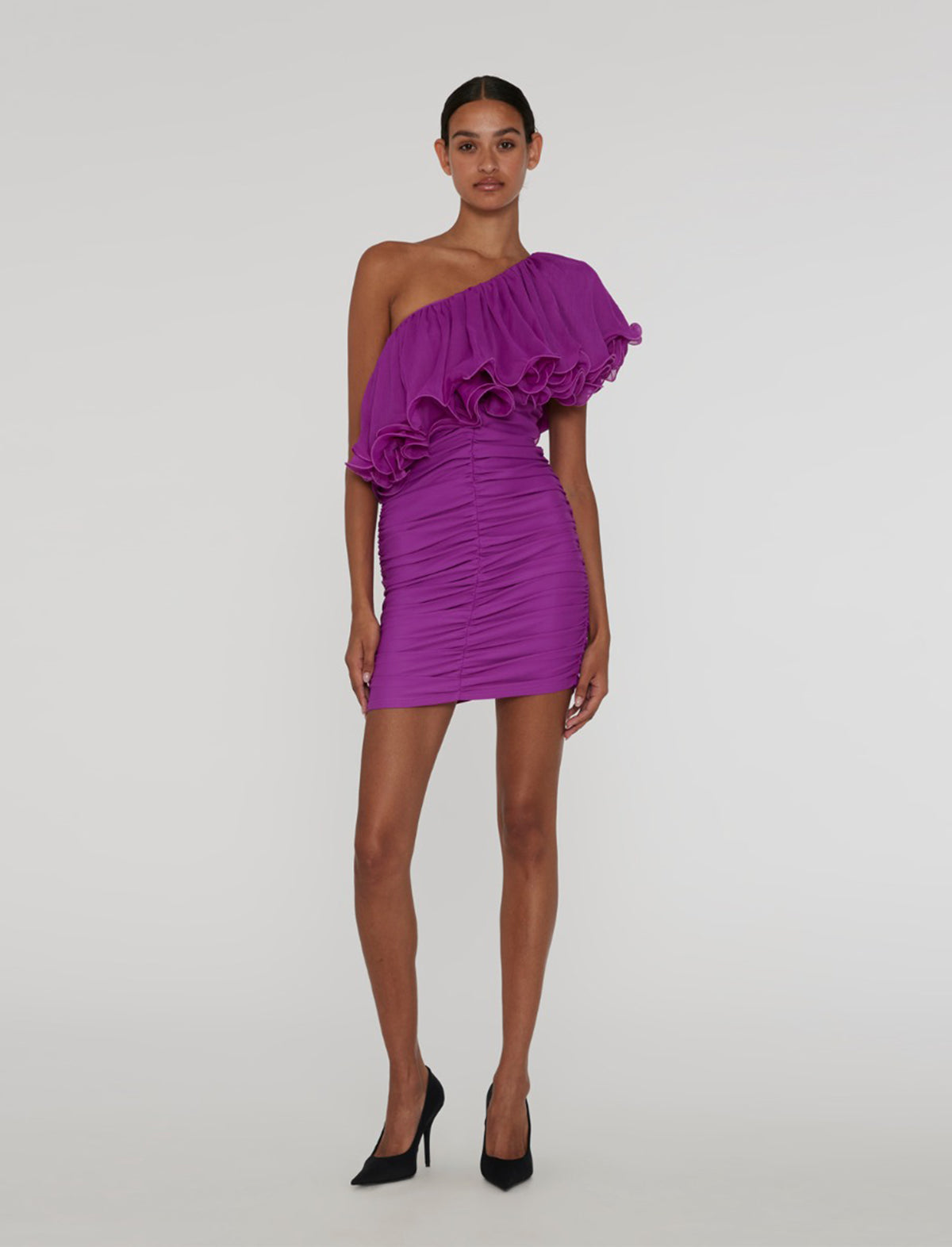 ROTATE Asymmetric Ruched Chiffon Mini Dress In Fuchsia
