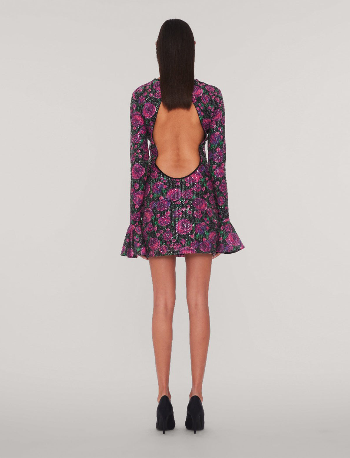 ROTATE Holiday Rosita Sequins Open-Back Dress in Bold Rose Print