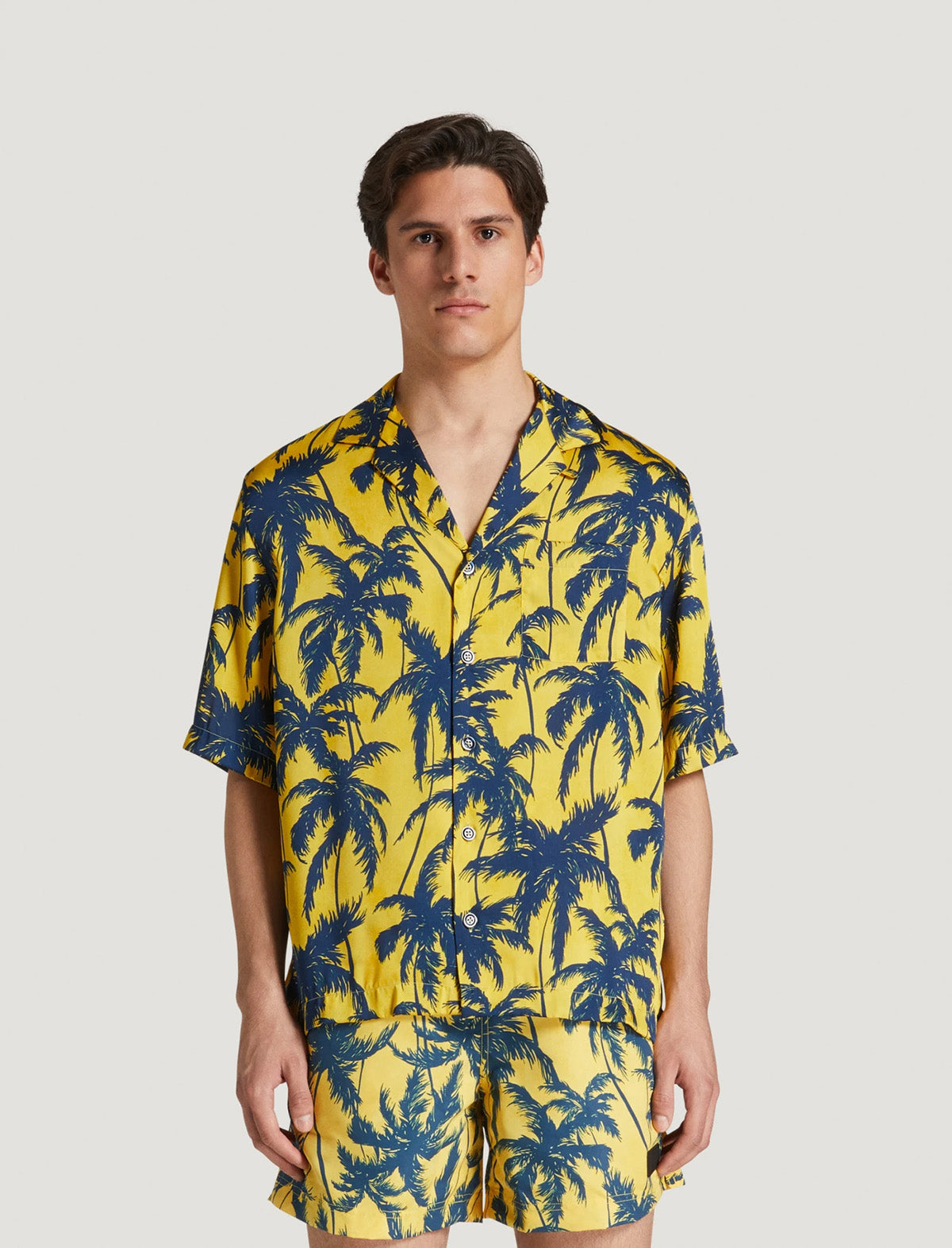 PT Torino Fluid Twill Shirt in Yellow with Navy Palm Print