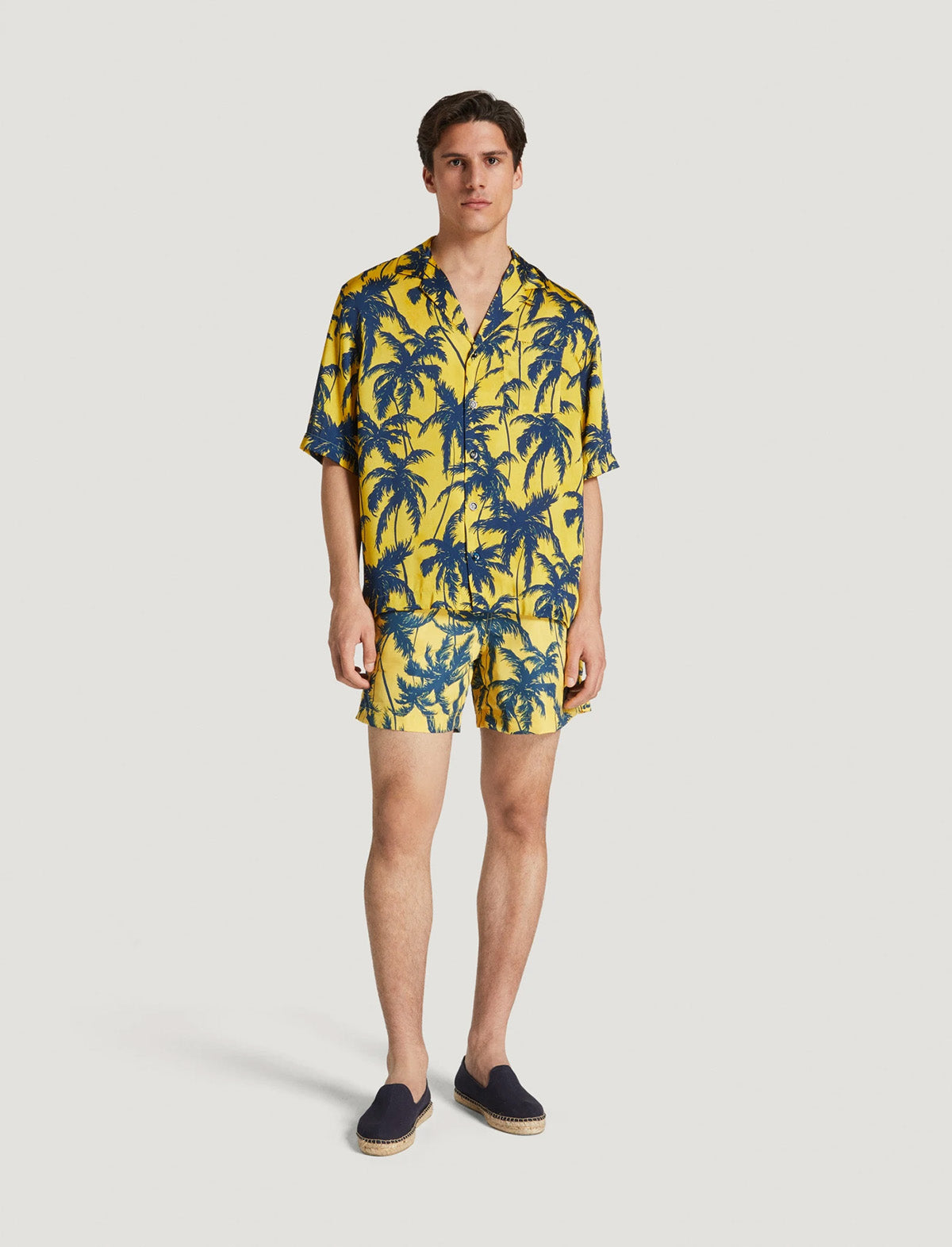 PT Torino Fluid Twill Shirt in Yellow with Navy Palm Print