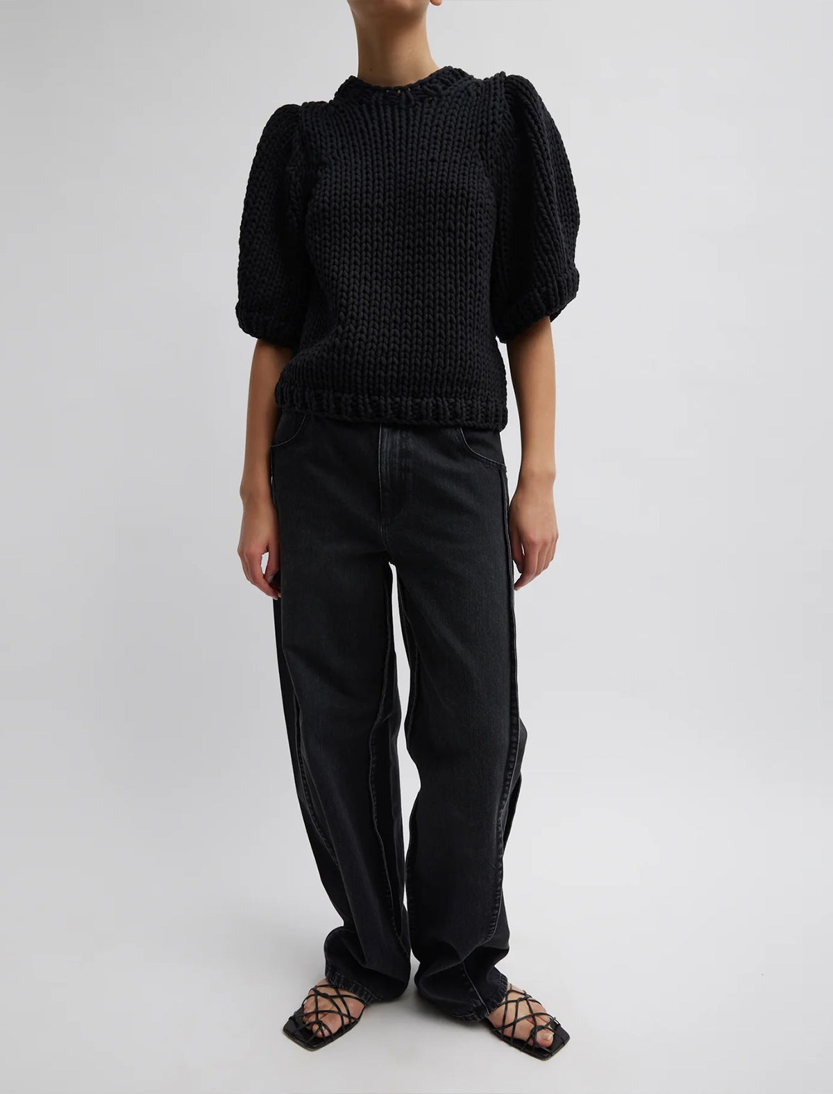 TIBI Deluxe Tube Yarn Sweater Mini Puff Pullover In Black