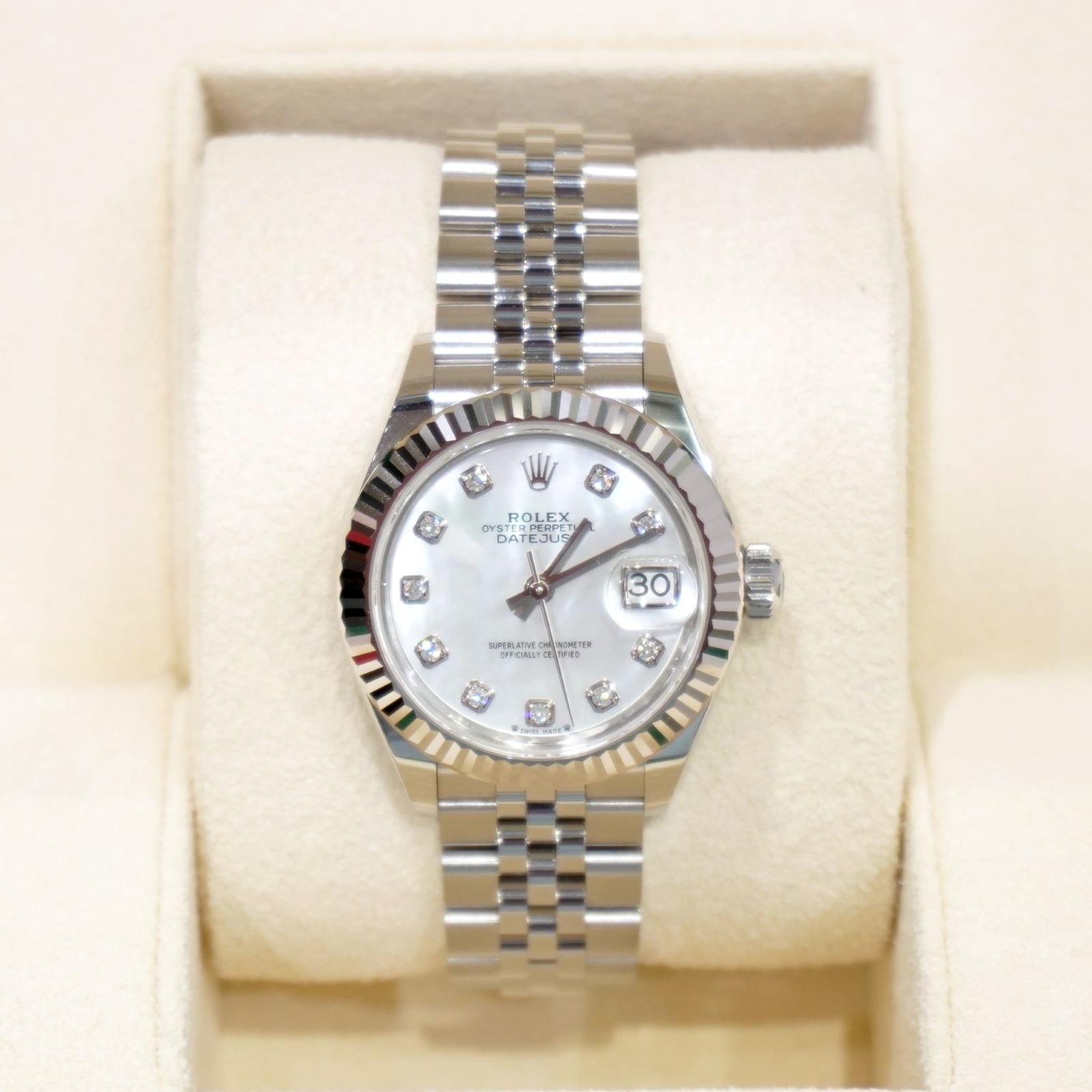 ROLEX Lady Datejust 28 White Shell 10P Diamonds SS/WG  279174