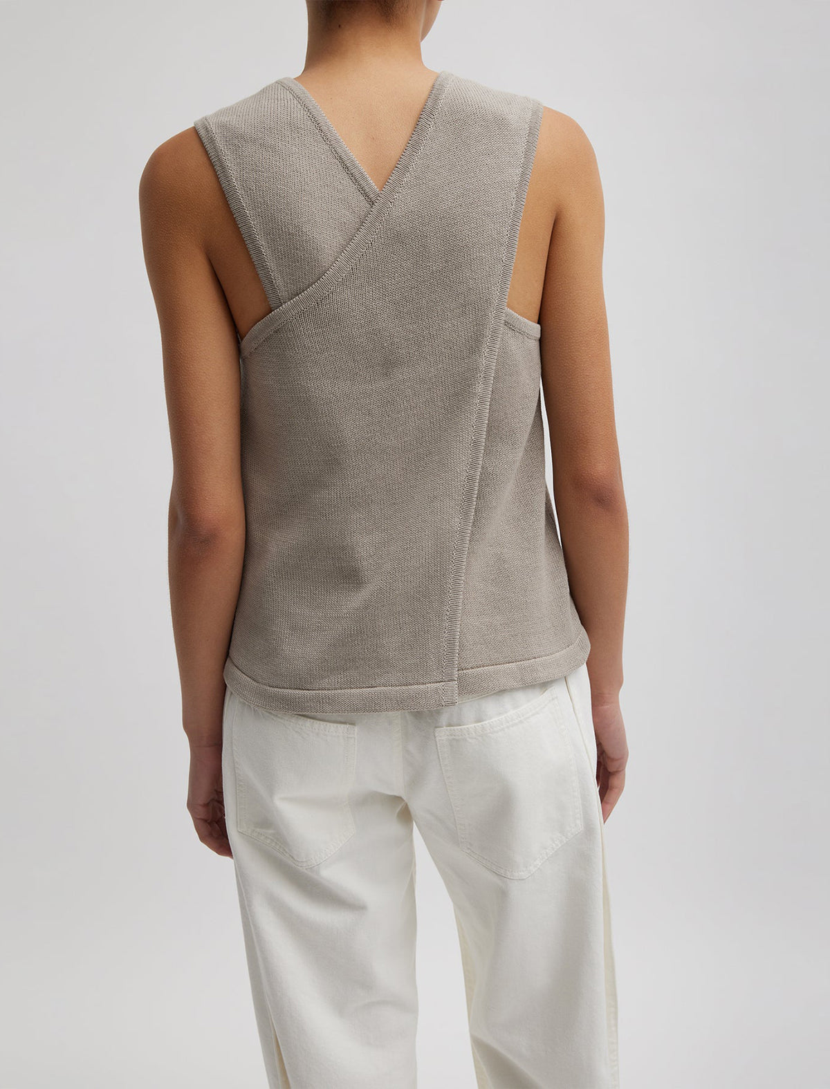 TIBI Cotton Criss Cross Sleeveless Sweater In Light Stone