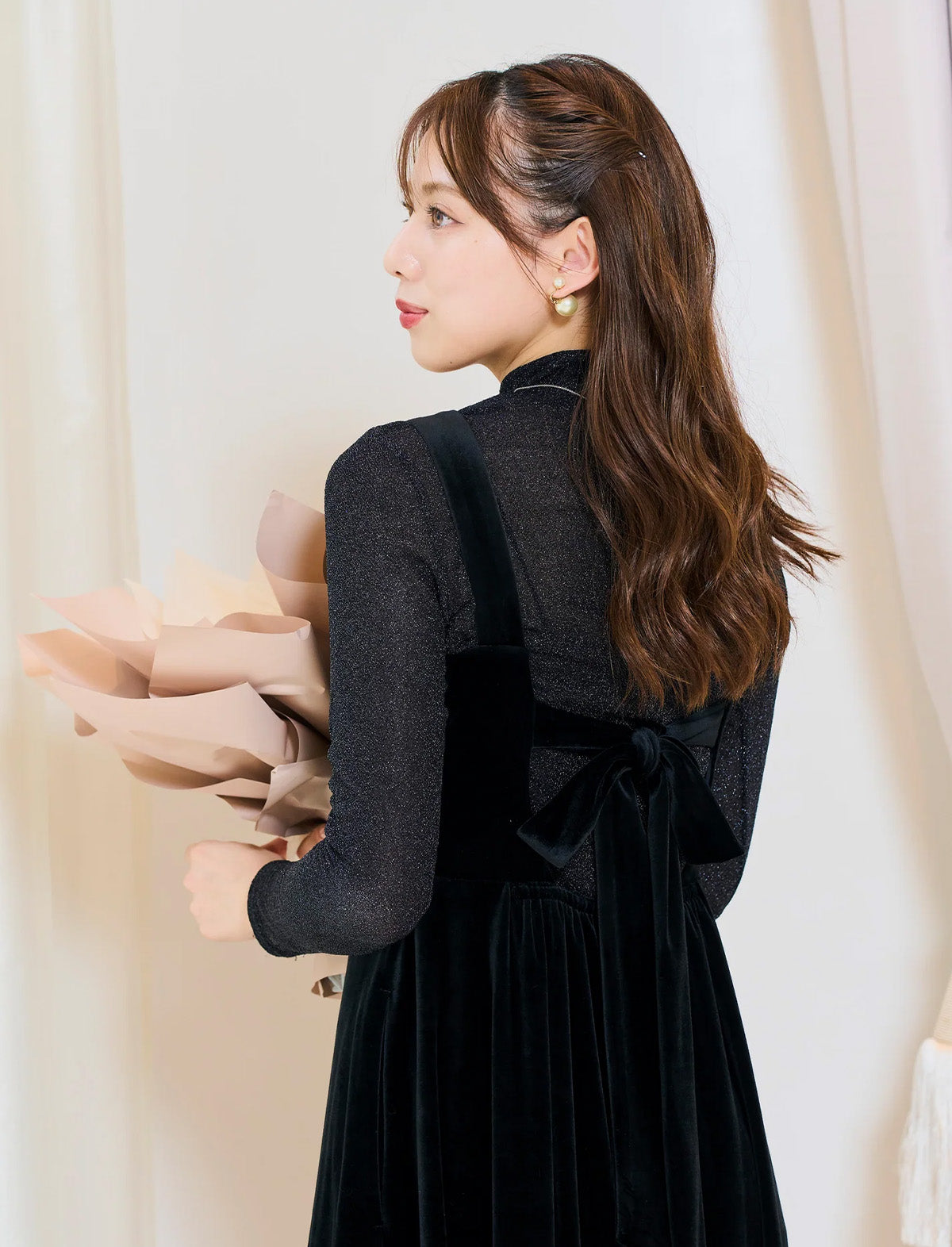 RICORD Back Ribbon Velour Dress in Black