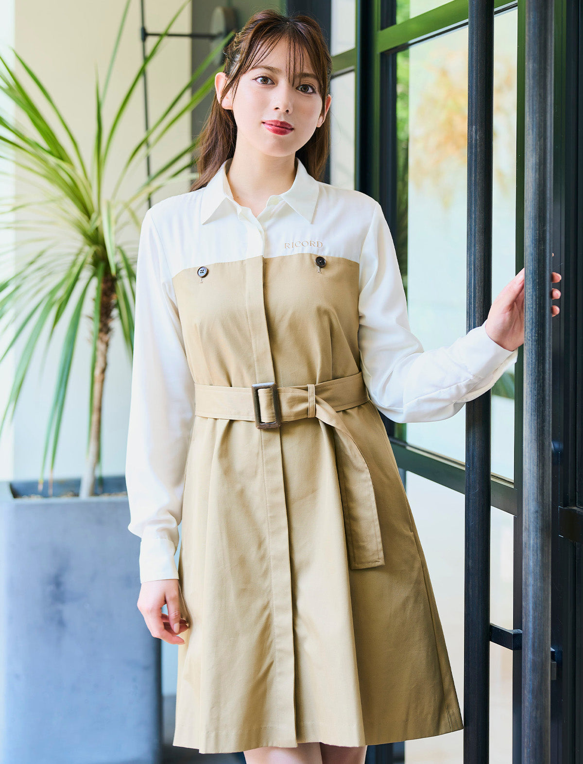 RICORD Bicolor Shirt Docking Trench Mini Dress in Beige