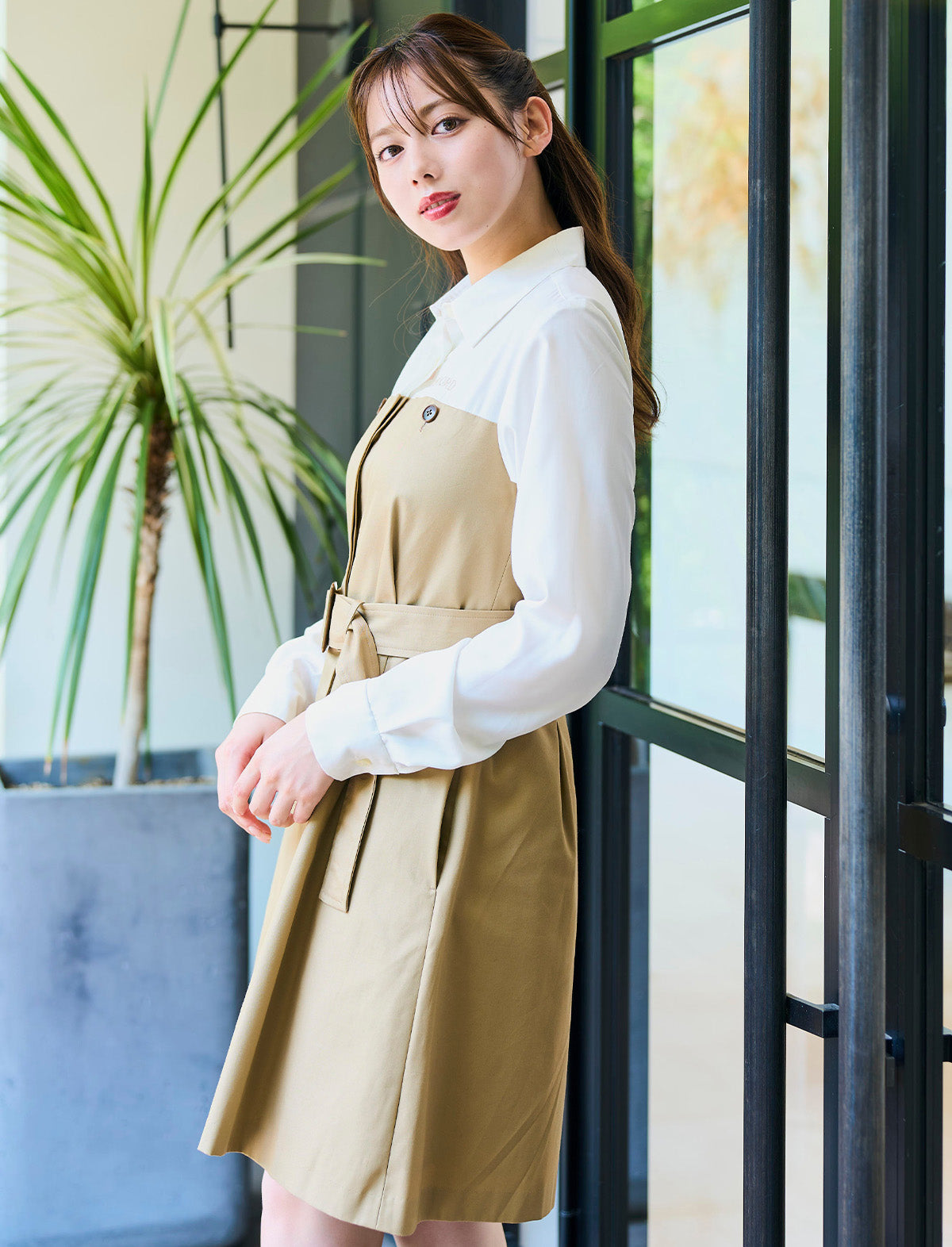 RICORD Bicolor Shirt Docking Trench Mini Dress in Beige