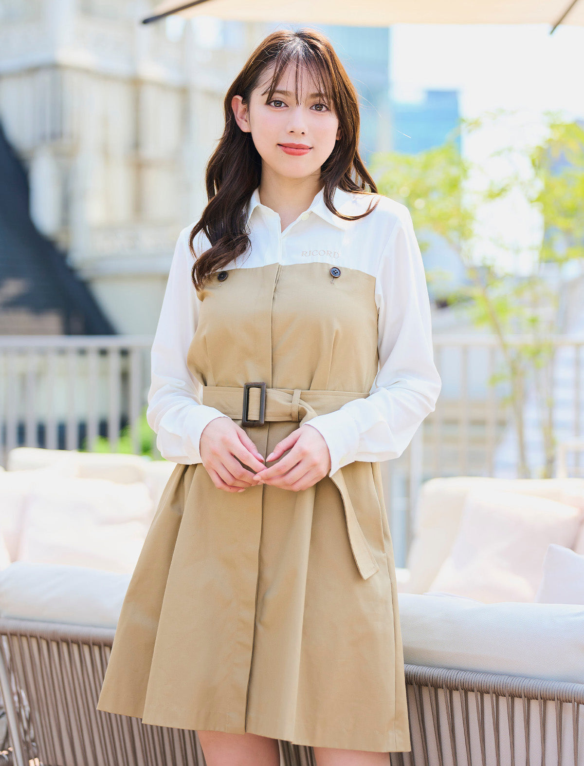 RICORD Bicolor Shirt Docking Trench Mini Dress in Beige