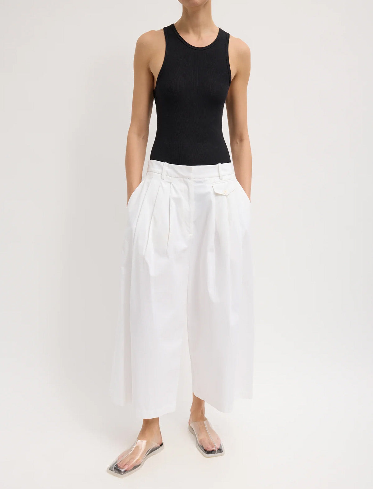 TIBI Bio Twill Triple Pleat Cropped Pant in Optic White