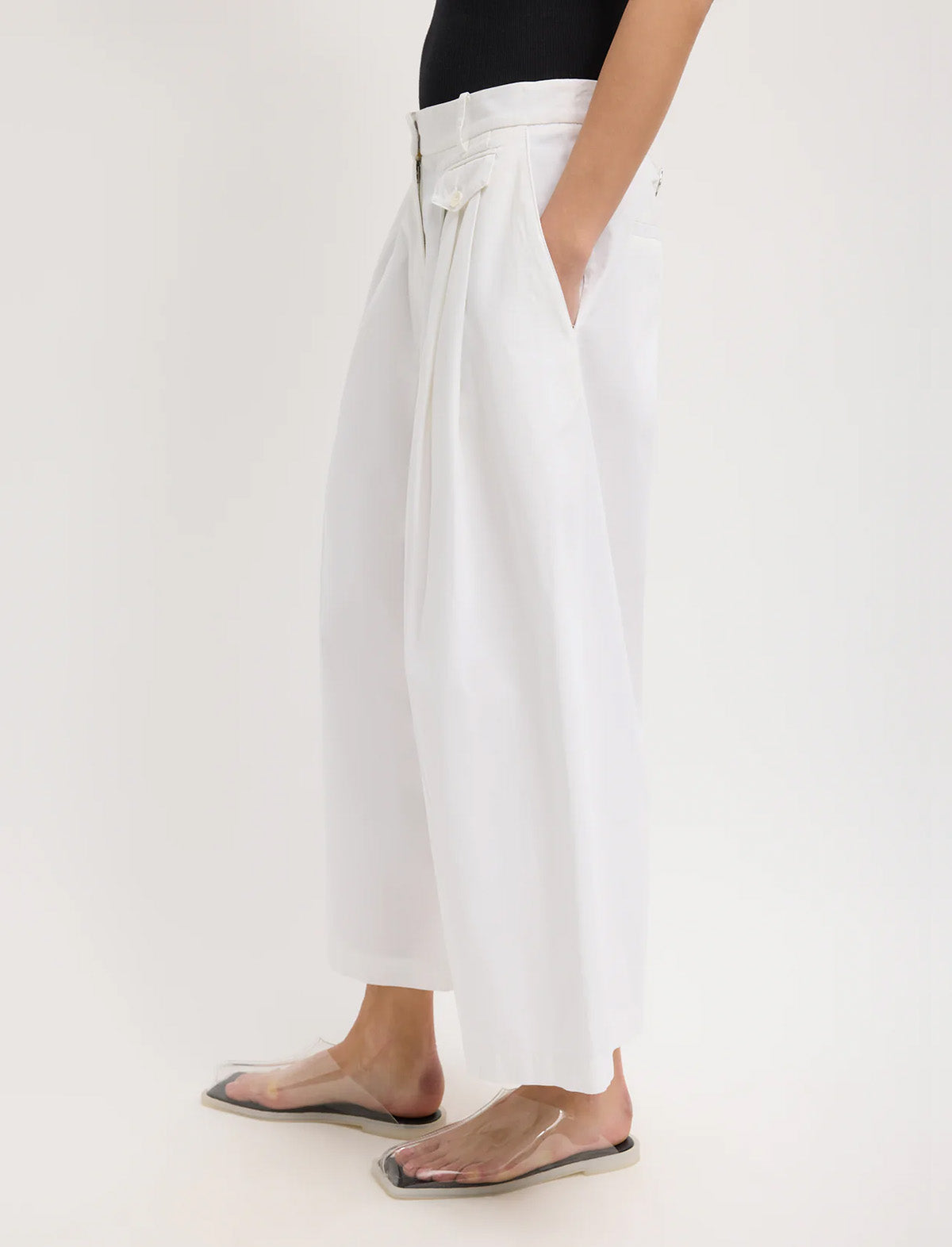 TIBI Bio Twill Triple Pleat Cropped Pant in Optic White