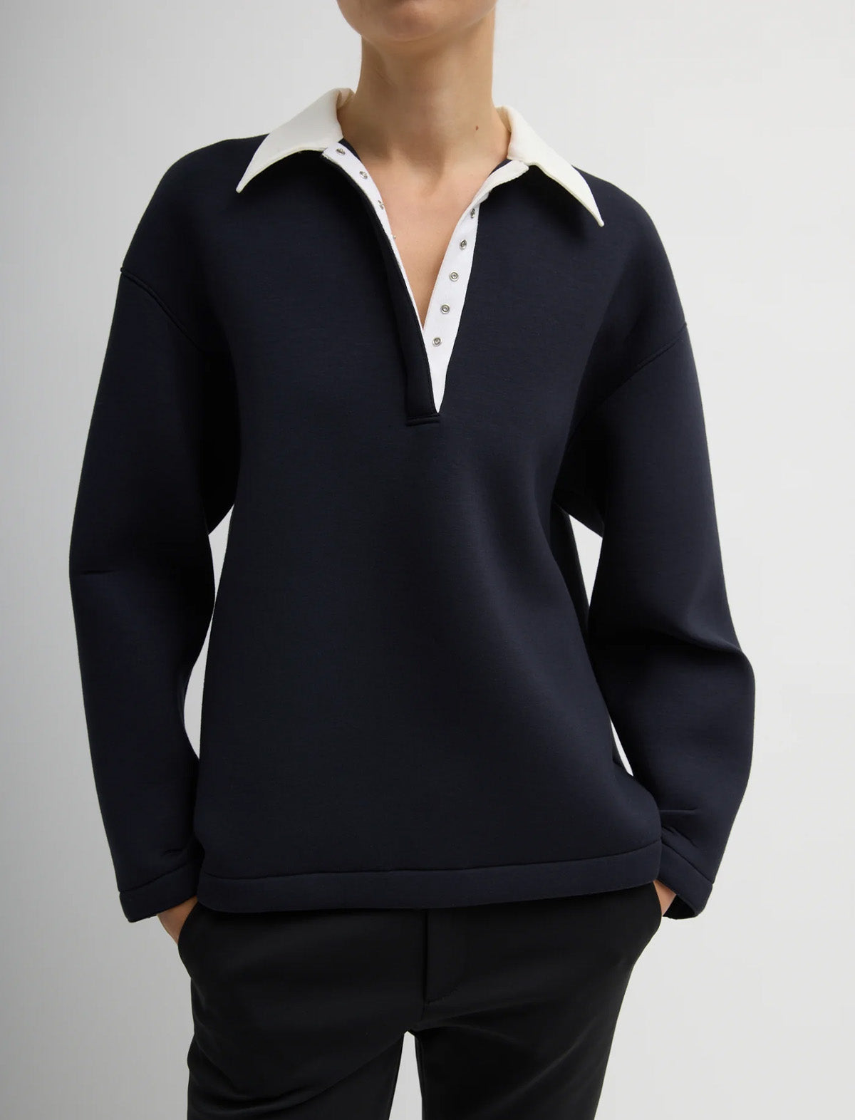 TIBI Bonded Viscose Sculpted Polo in Dark Navy