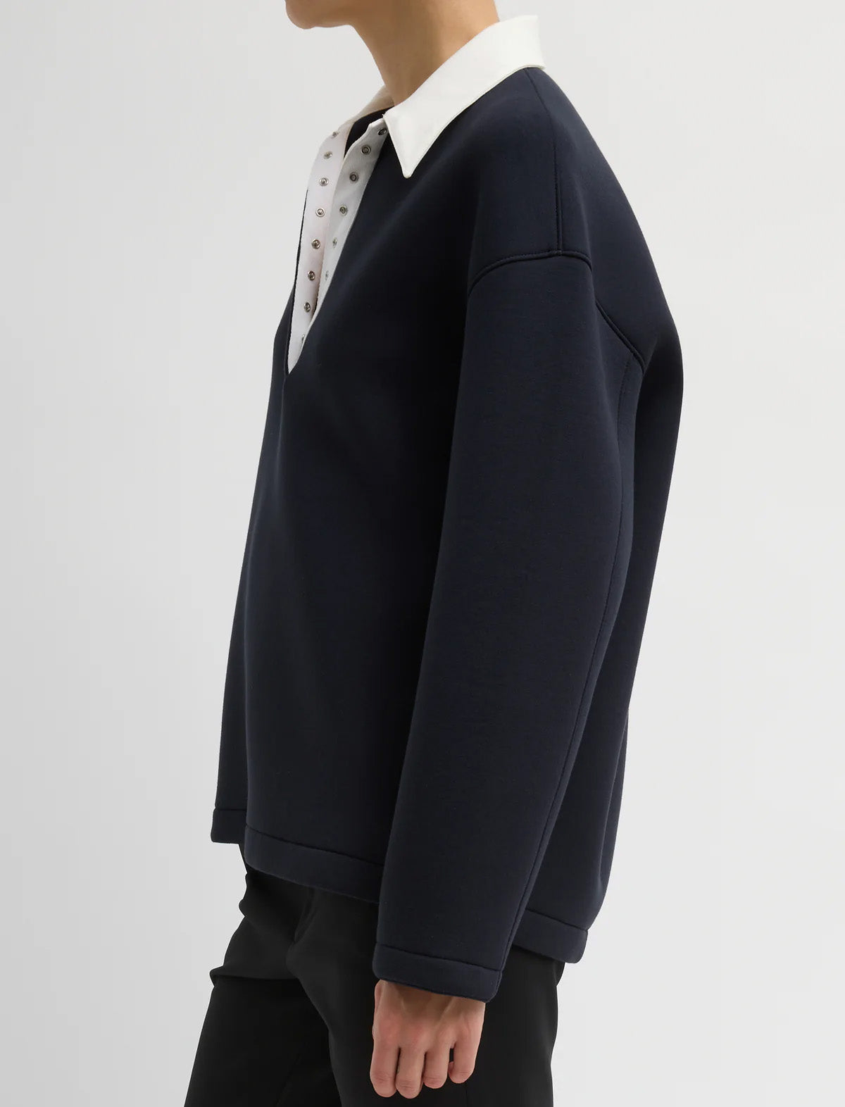 TIBI Bonded Viscose Sculpted Polo in Dark Navy