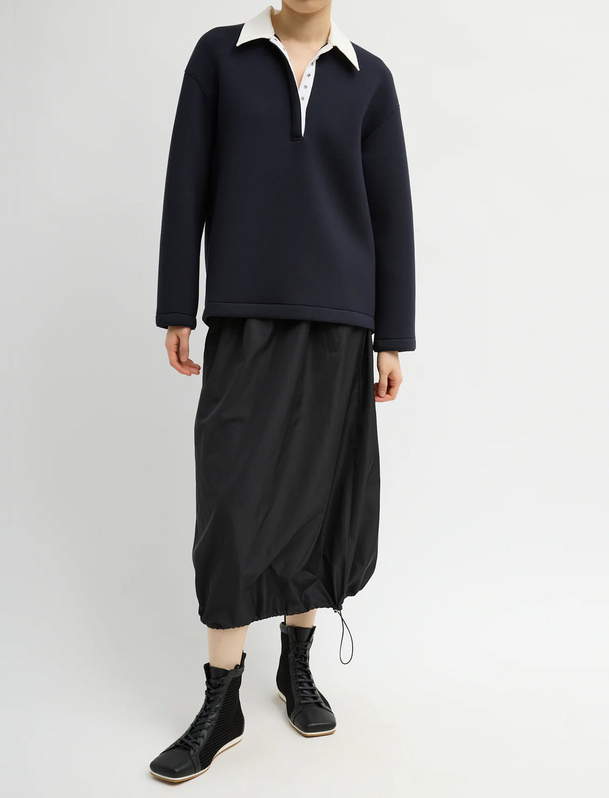 TIBI Bonded Viscose Sculpted Polo in Dark Navy