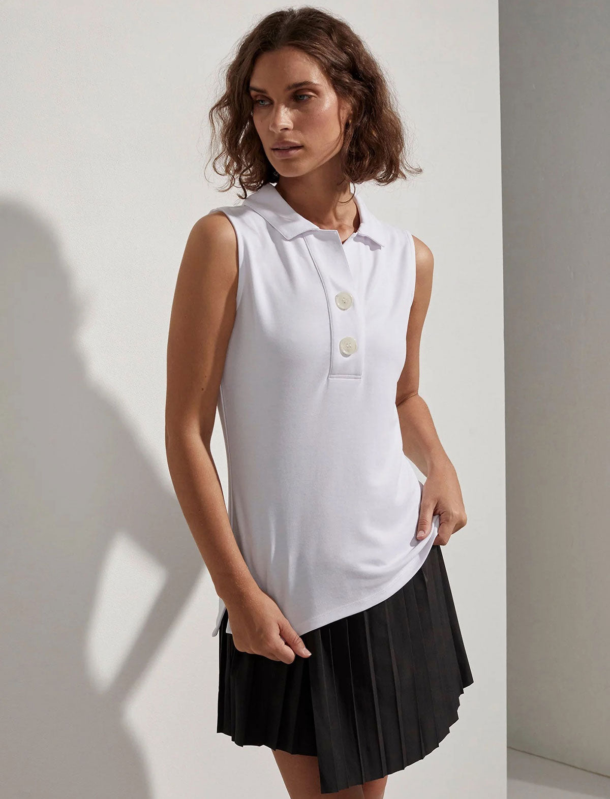 VARLEY Caine Sleeveless Polo Jersey Top In White