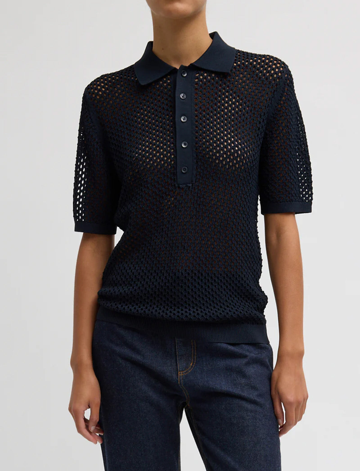 TIBI Crochet Netting Slim Polo in Navy