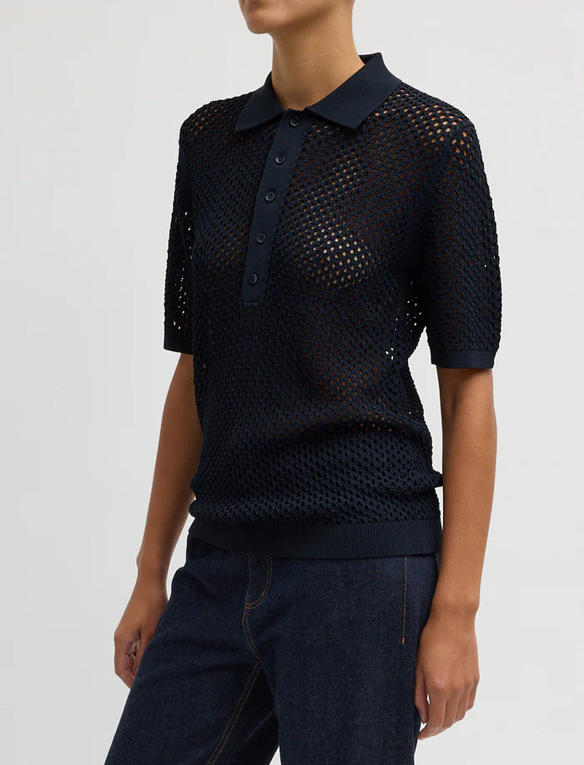 TIBI Crochet Netting Slim Polo in Navy