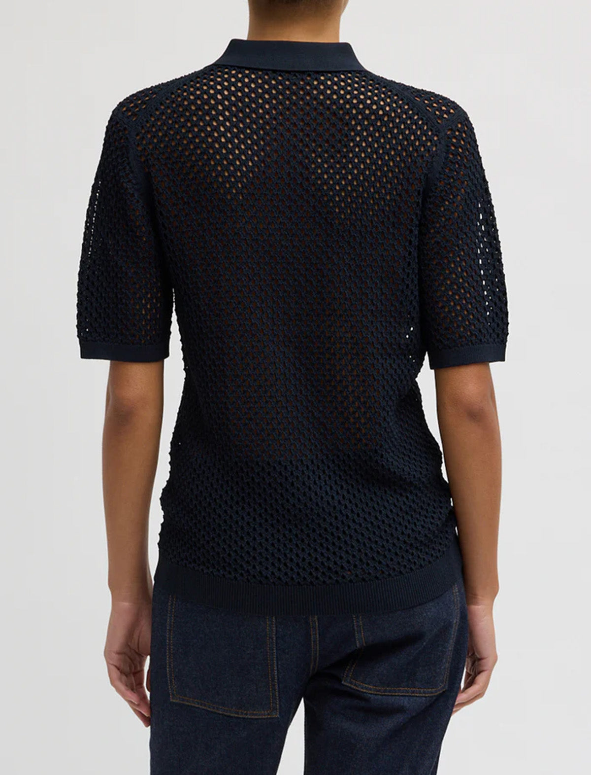 TIBI Crochet Netting Slim Polo in Navy