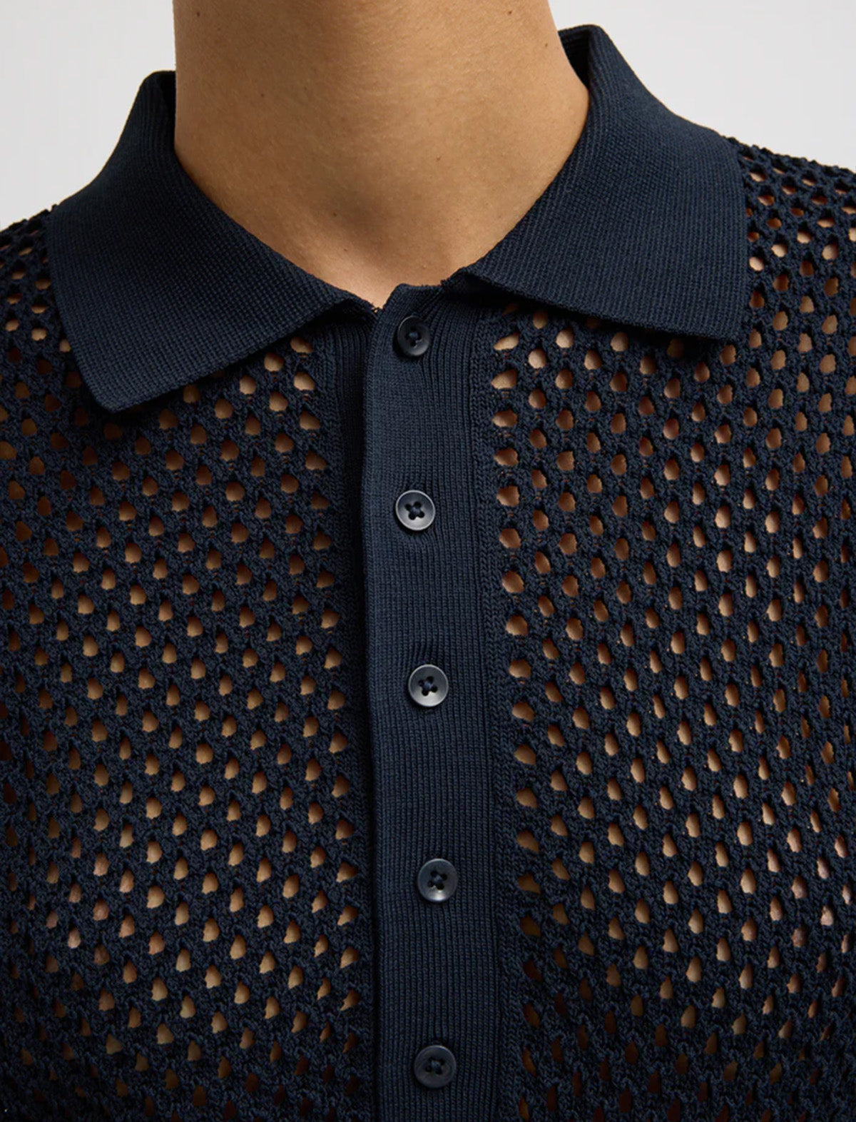 TIBI Crochet Netting Slim Polo in Navy