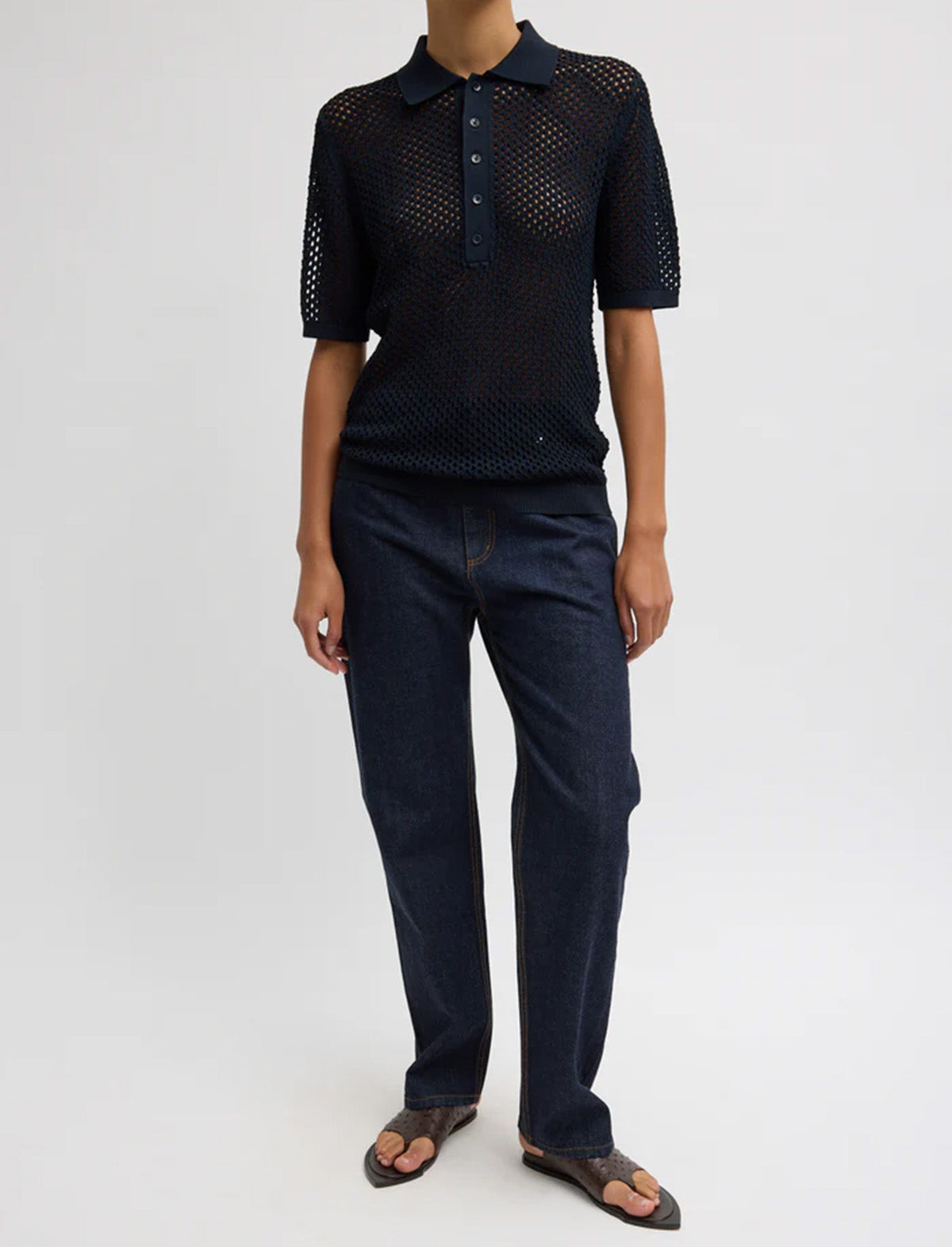 TIBI Crochet Netting Slim Polo in Navy