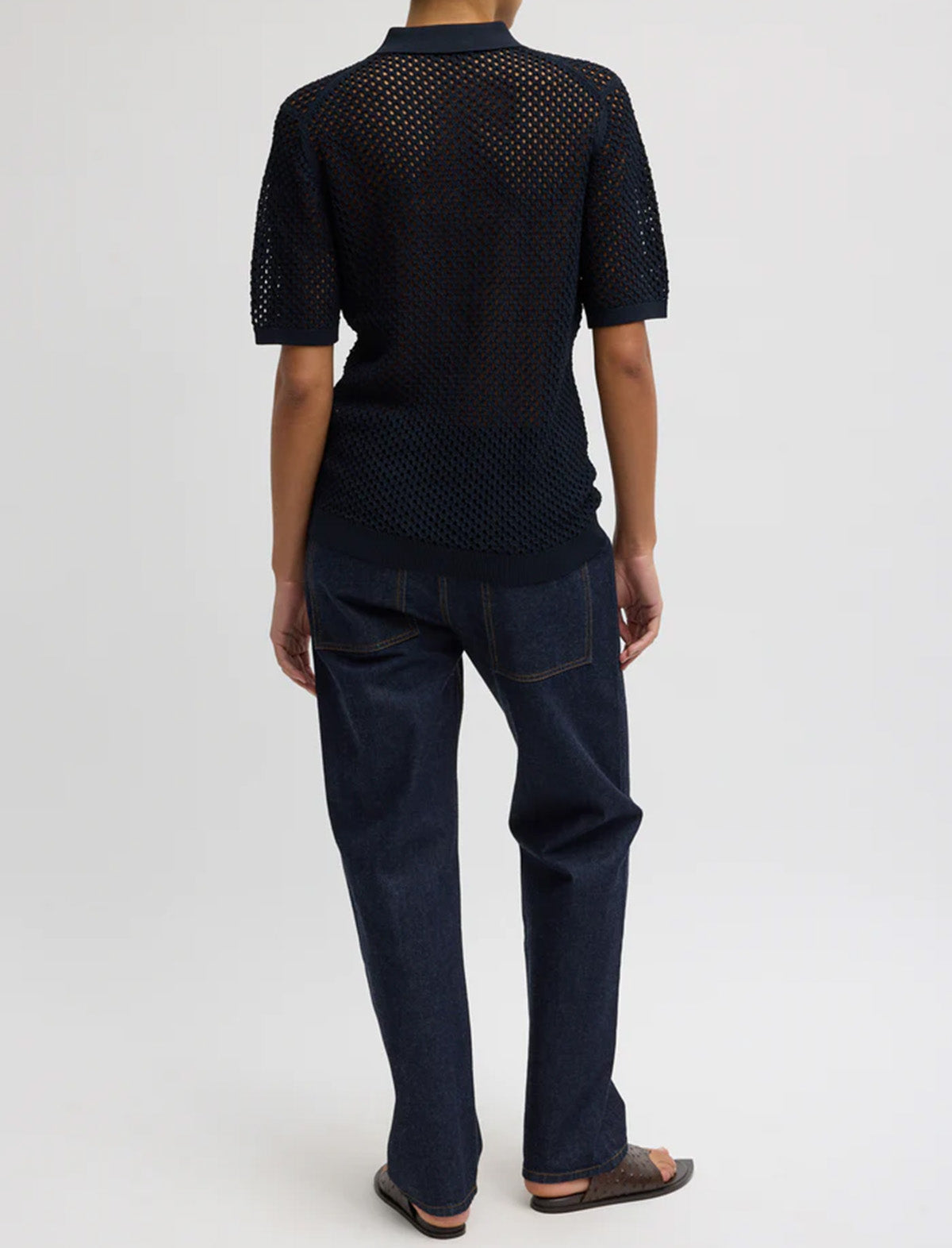 TIBI Crochet Netting Slim Polo in Navy