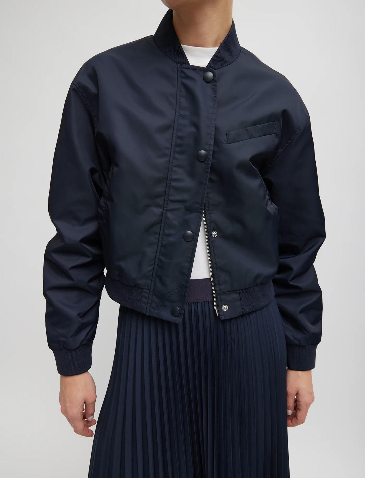 TIBI Eco Nylon Cropped Bomber in Midnight Blue