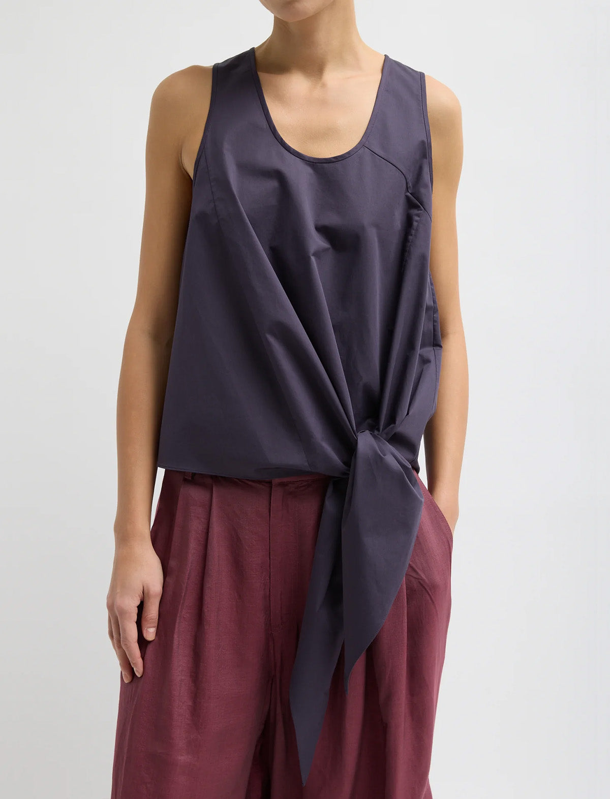 TIBI Eco Poplin Tie Front Top in Eggplant