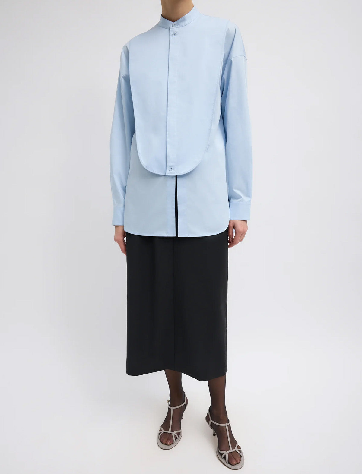 TIBI Eco Poplin Tuxedo Shirt With Bib Flap in Chambray Blue