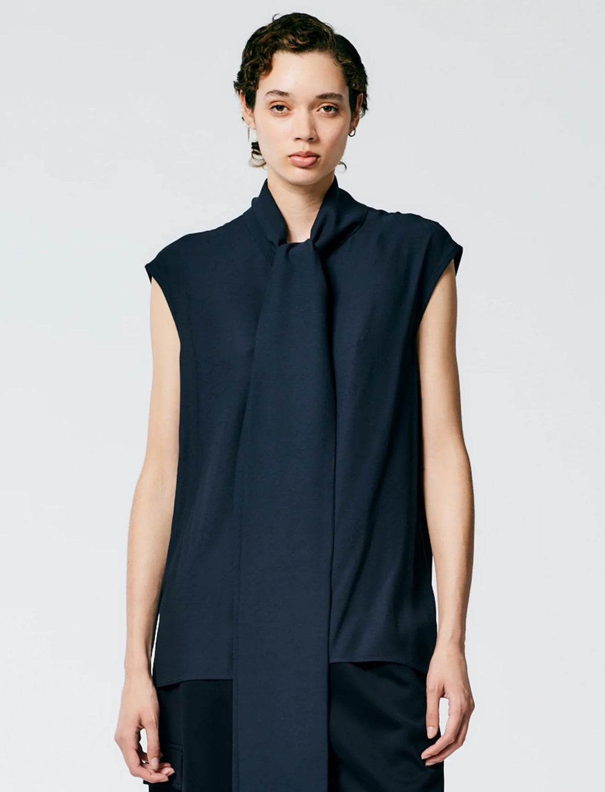TIBI Feather Weight Eco Crepe Sleeveless Davenport Sculpted Shirt in Navy