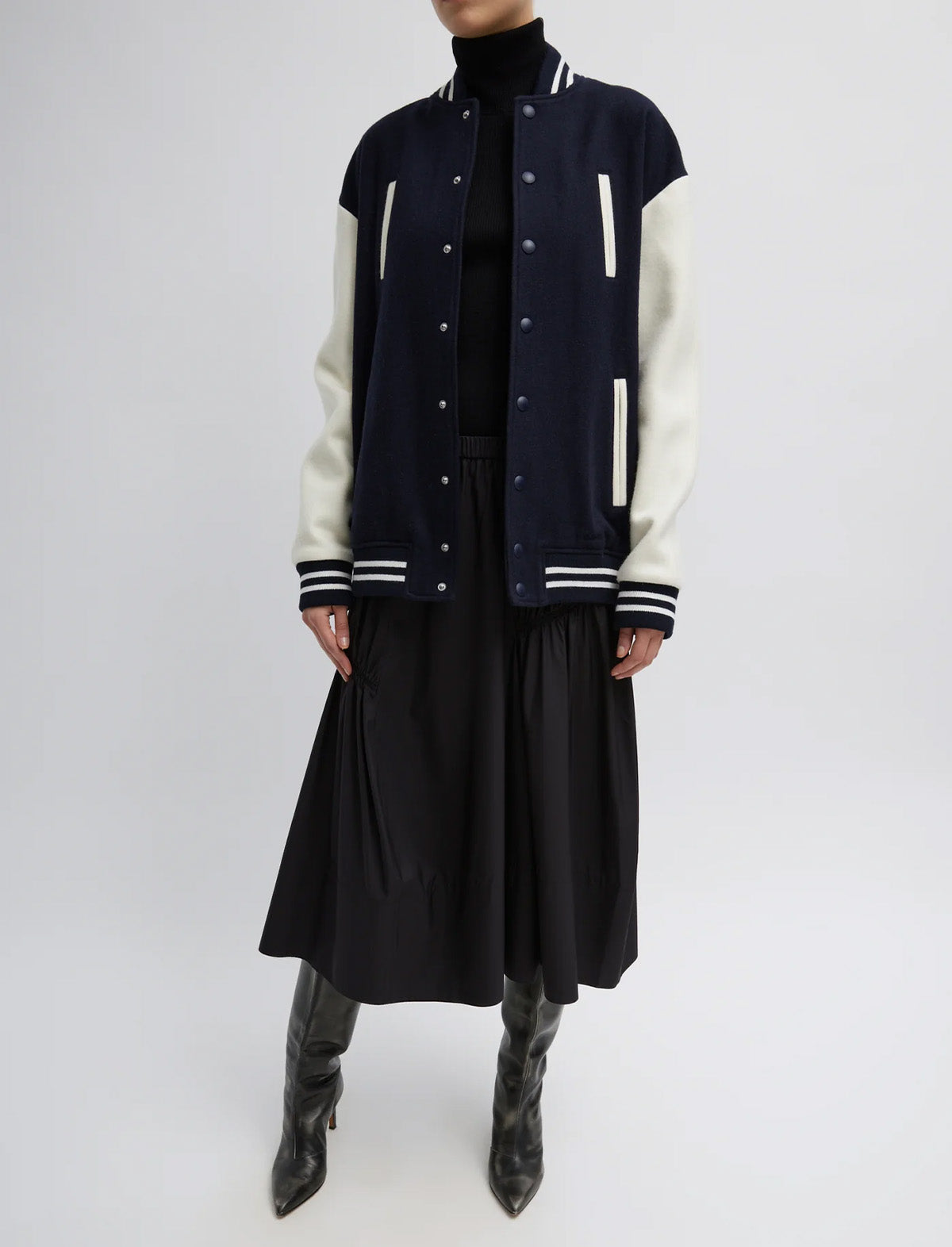 TIBI Felted Wool Cocoon Varsity Bomber in Navy