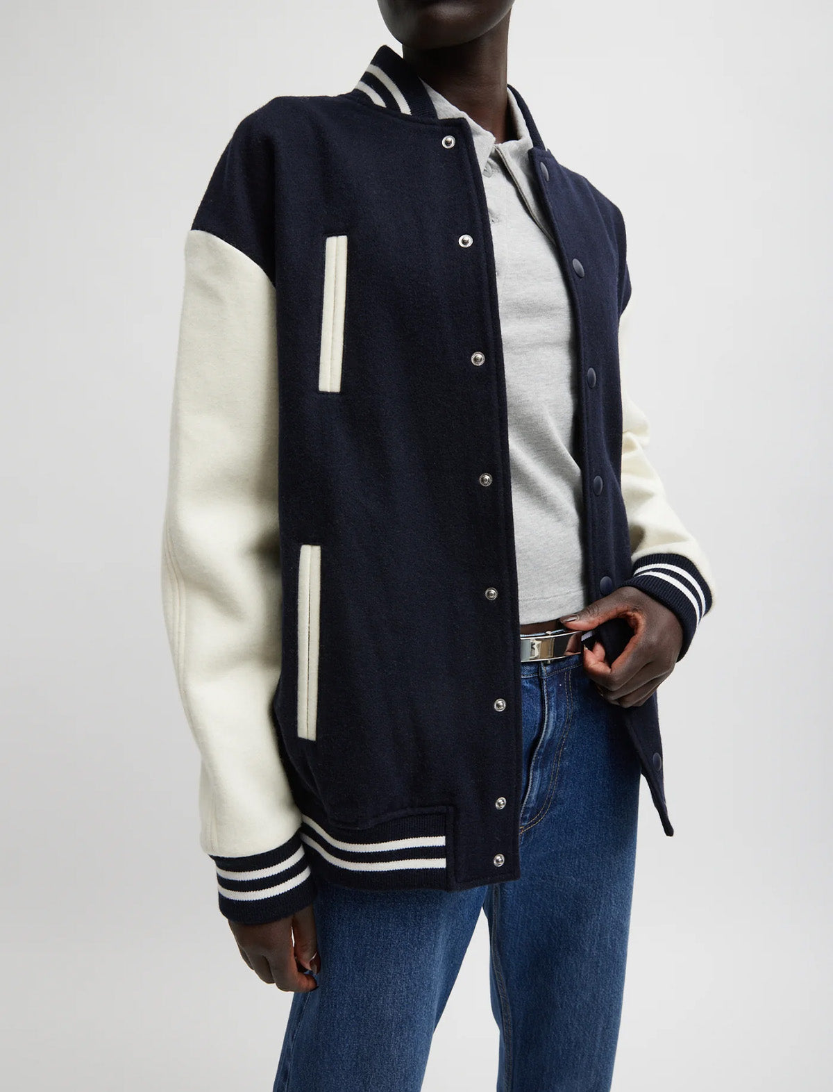 TIBI Felted Wool Cocoon Varsity Bomber in Navy