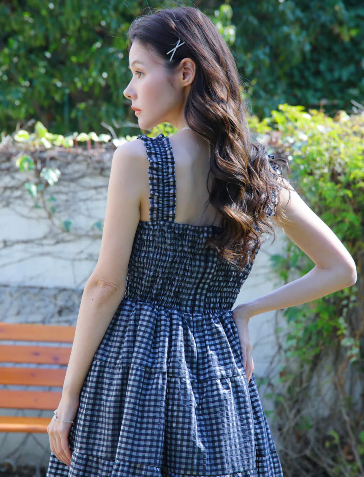 RICORD Flared Shirring Dress in Black Plaid