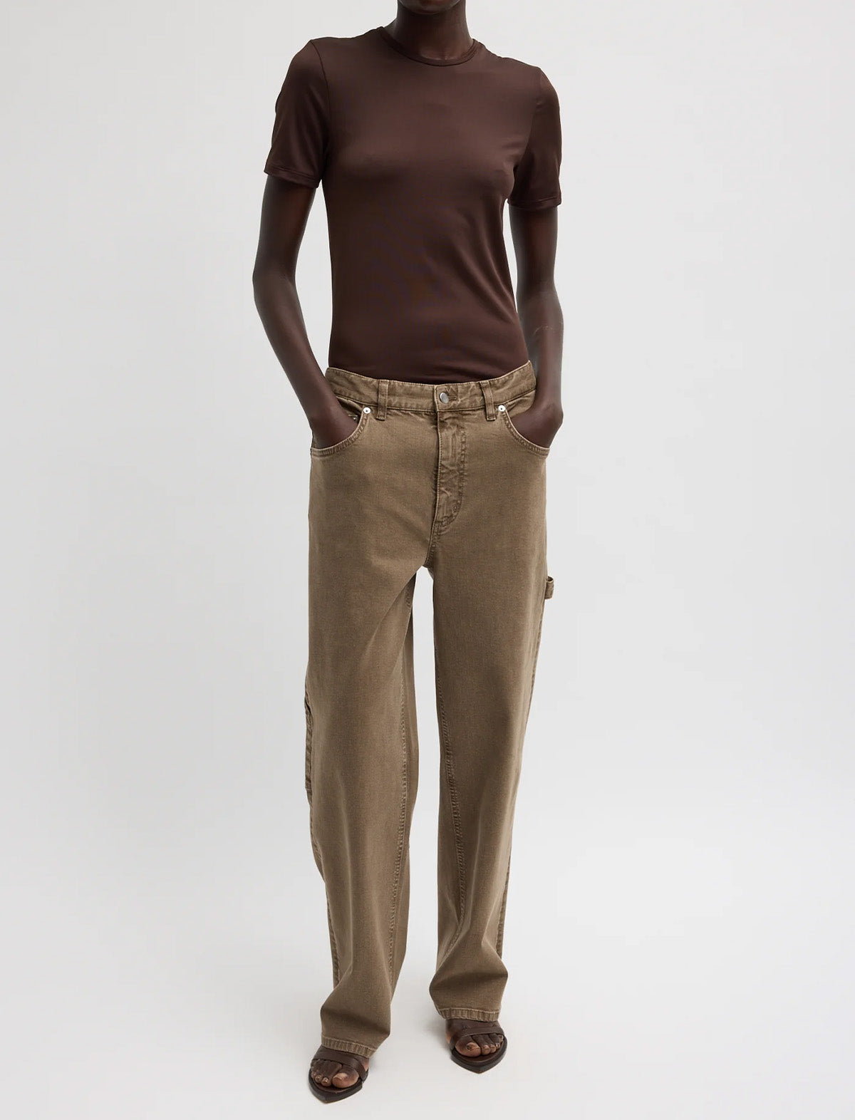 TIBI Garment Wash Stretch Twill Slouchy Carpenter Jean in Brown