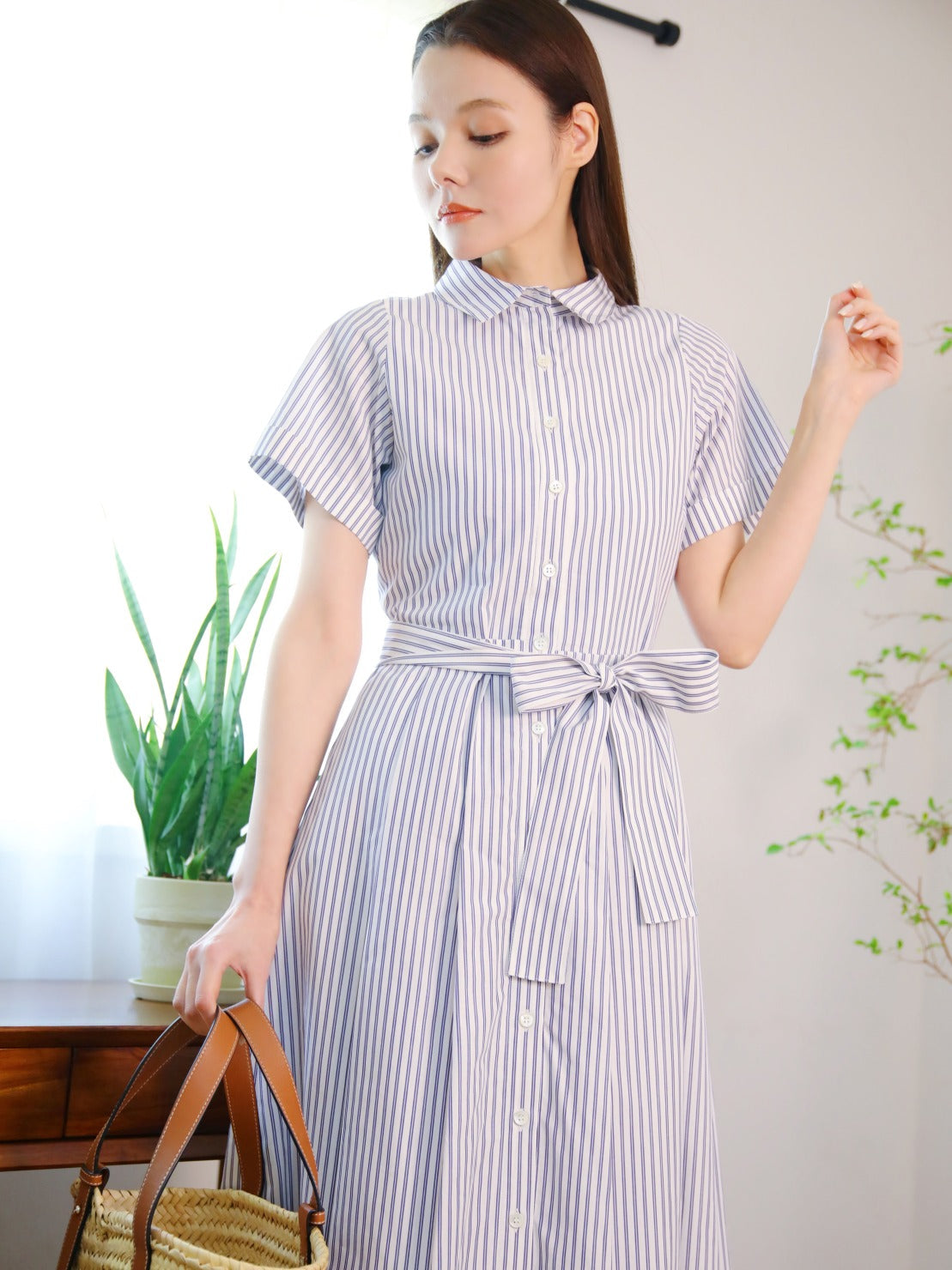 RICORD Striped Shirt Dress In White Navy