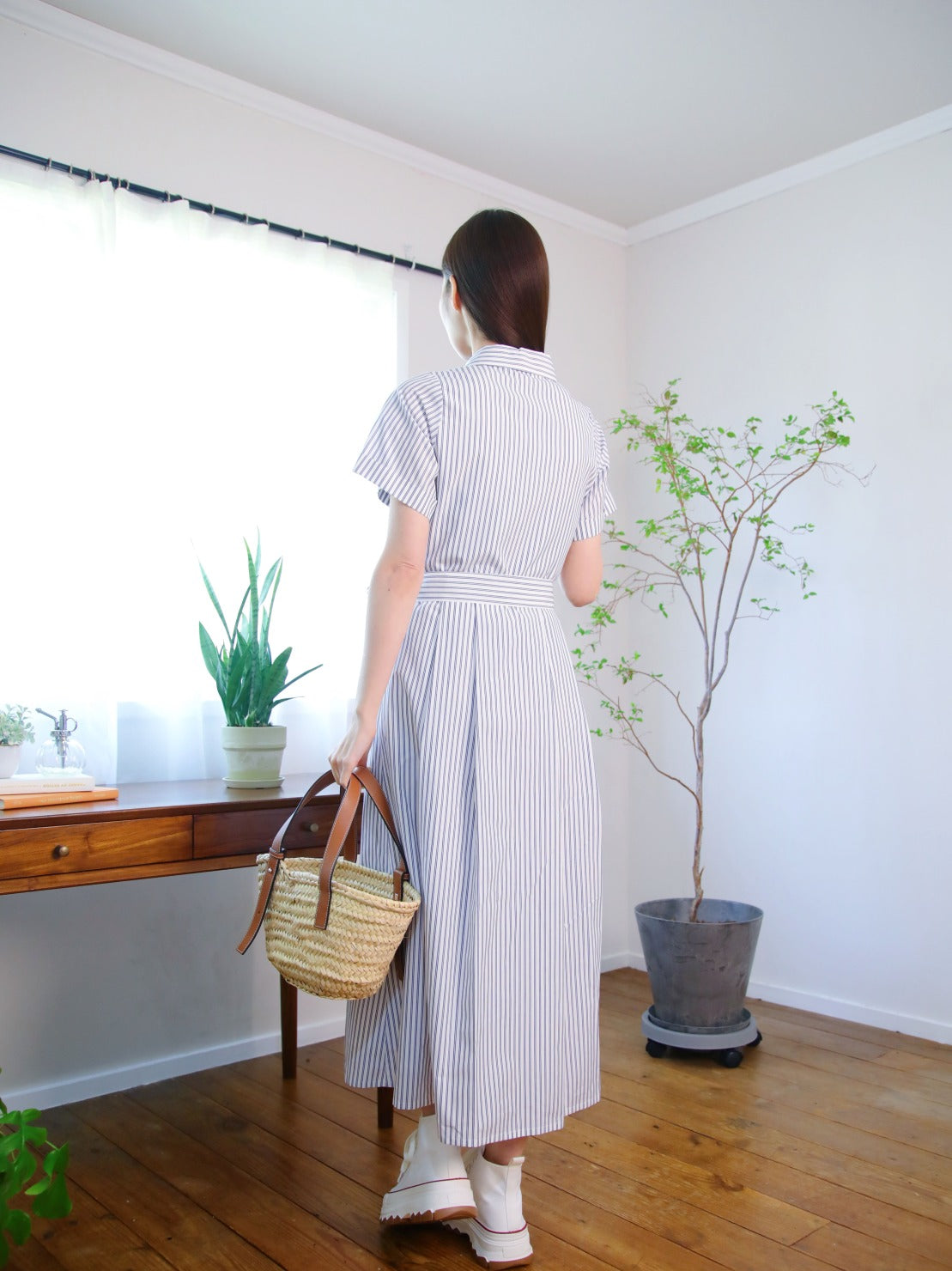 RICORD Striped Shirt Dress In White Navy