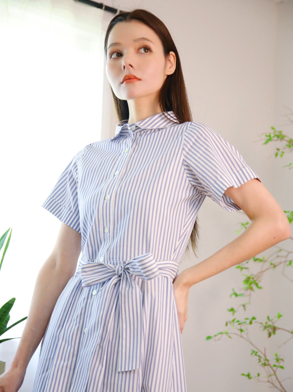 RICORD Striped Shirt Dress In White Navy