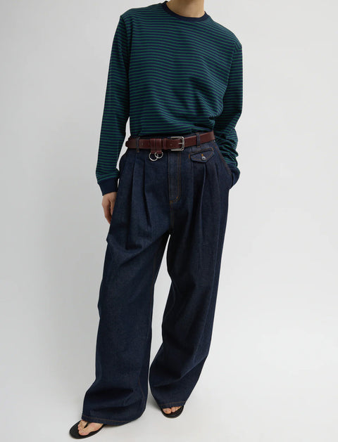 TIBI Indigo Denim Triple Pleat Jean in Indigo
