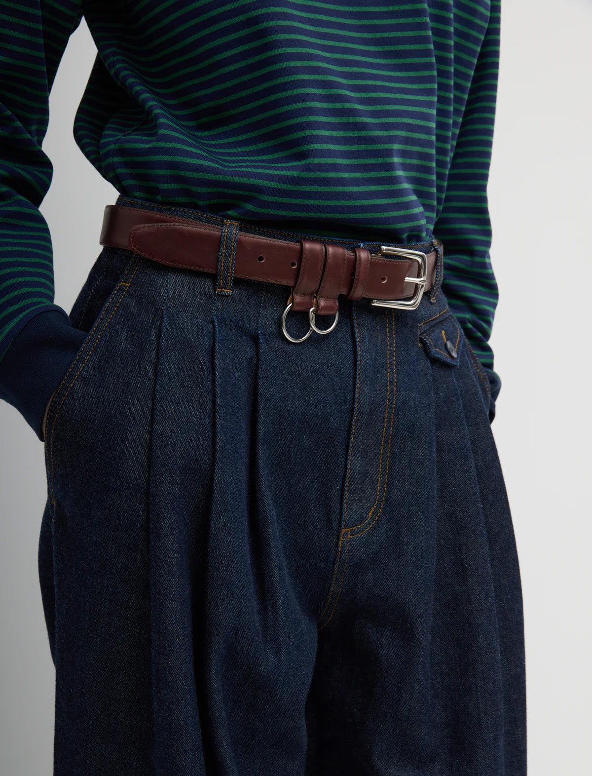 TIBI Indigo Denim Triple Pleat Jean in Indigo