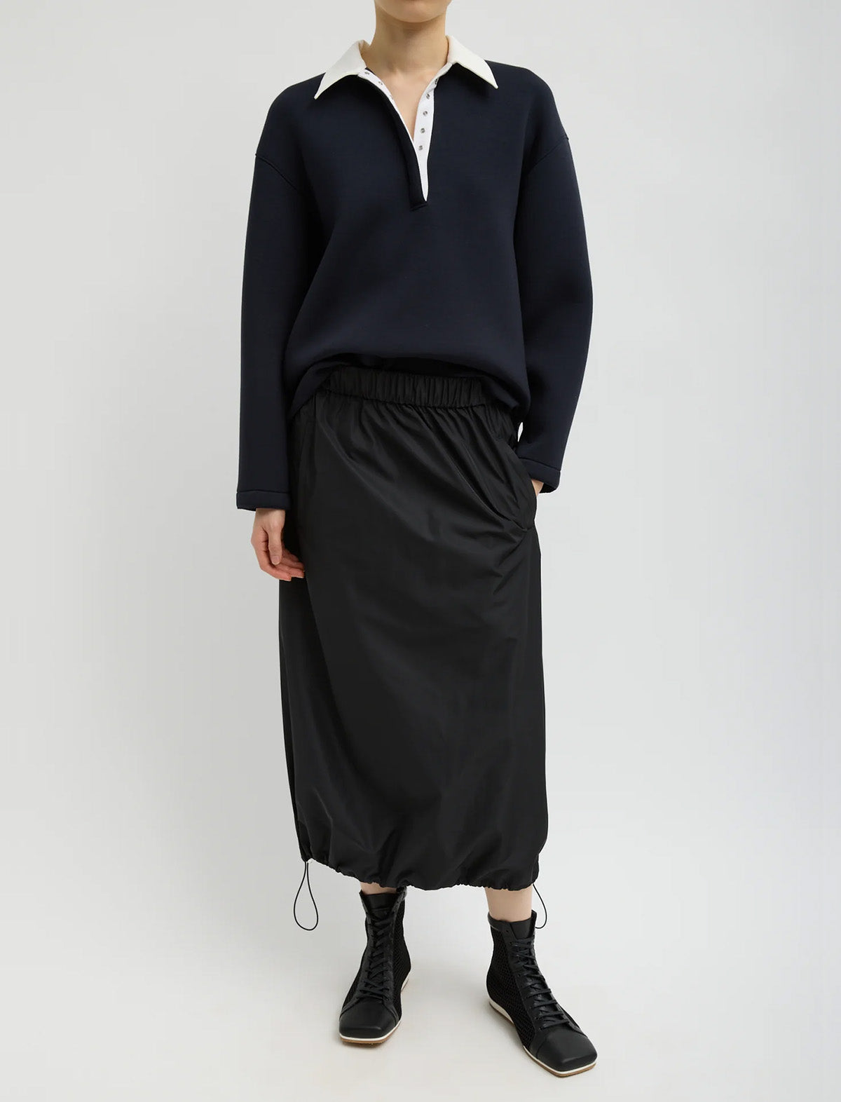 TIBI Italian Sporty Nylon Midi Anorak Skirt in Black