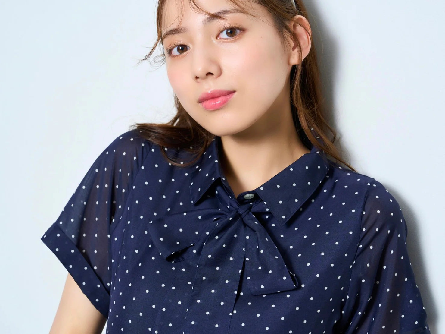 RICORD Shirt Long Dress With Bow Tie In Navy Dot