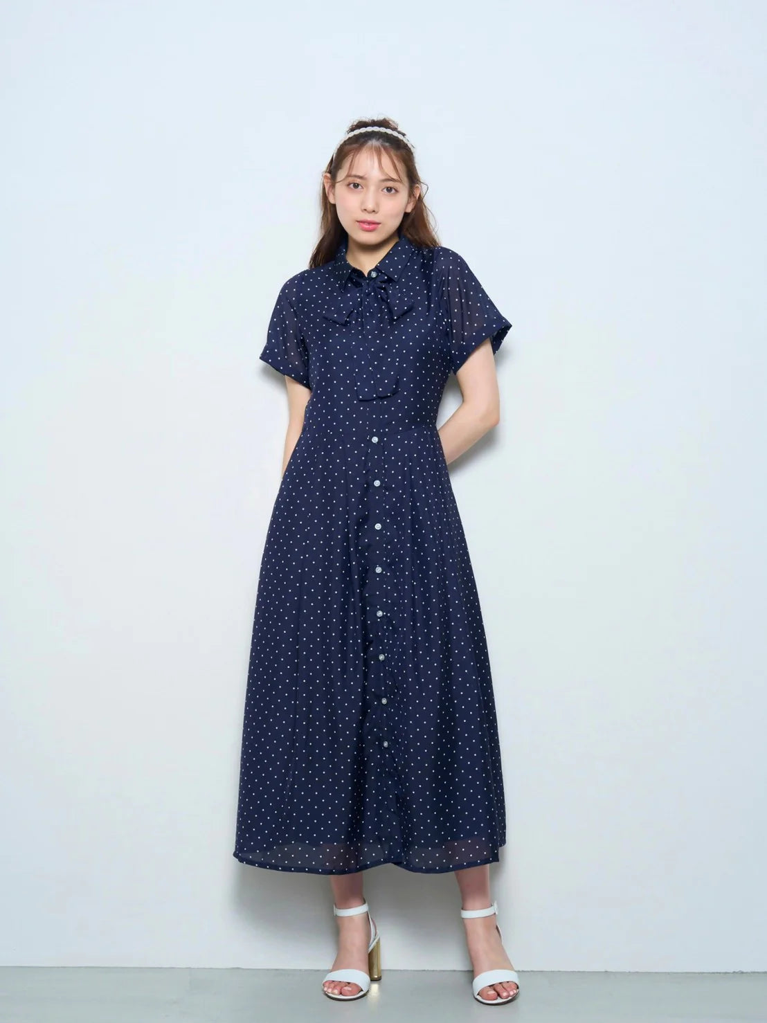 RICORD Shirt Long Dress With Bow Tie In Navy Dot