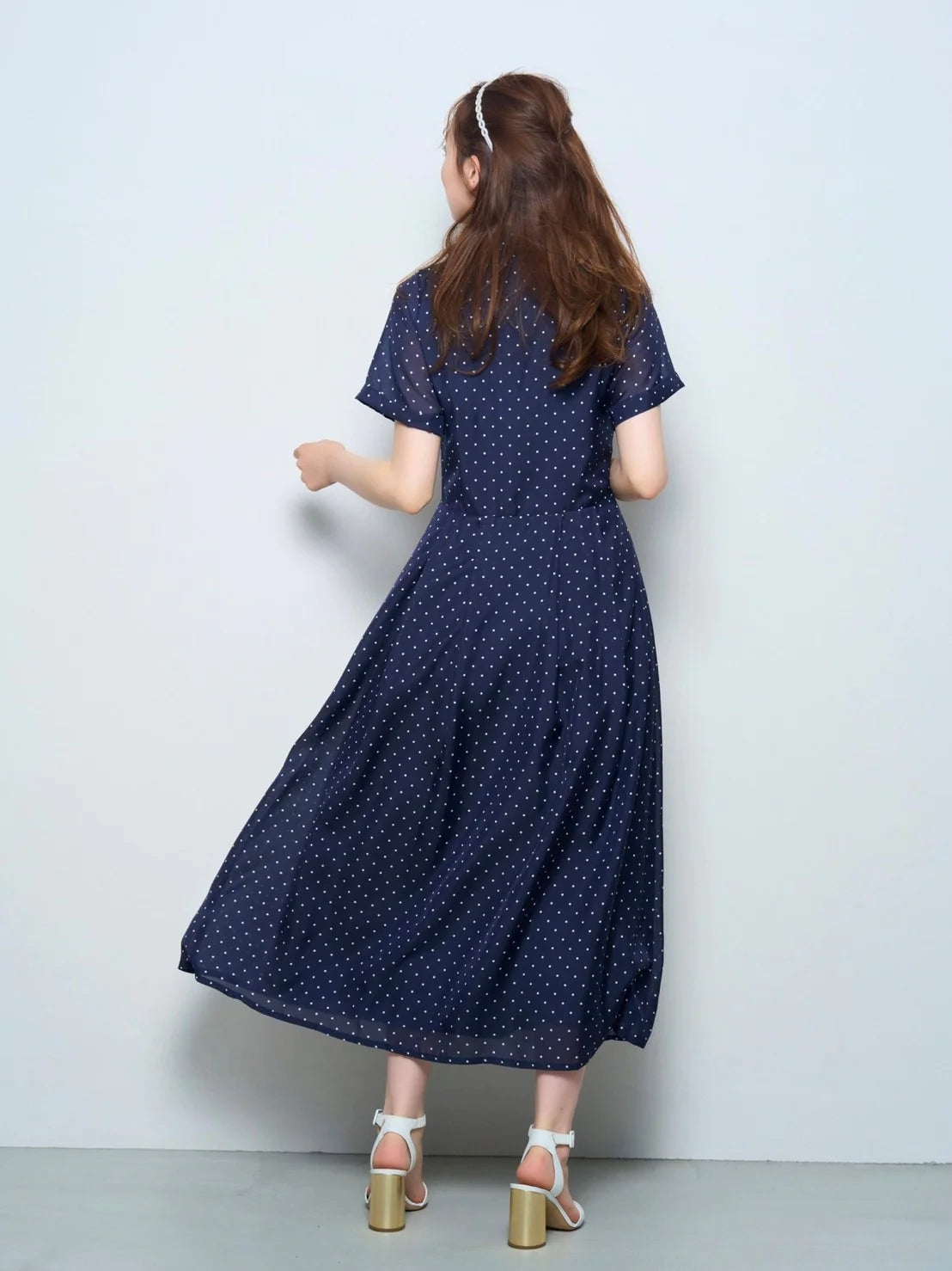 RICORD Shirt Long Dress With Bow Tie In Navy Dot