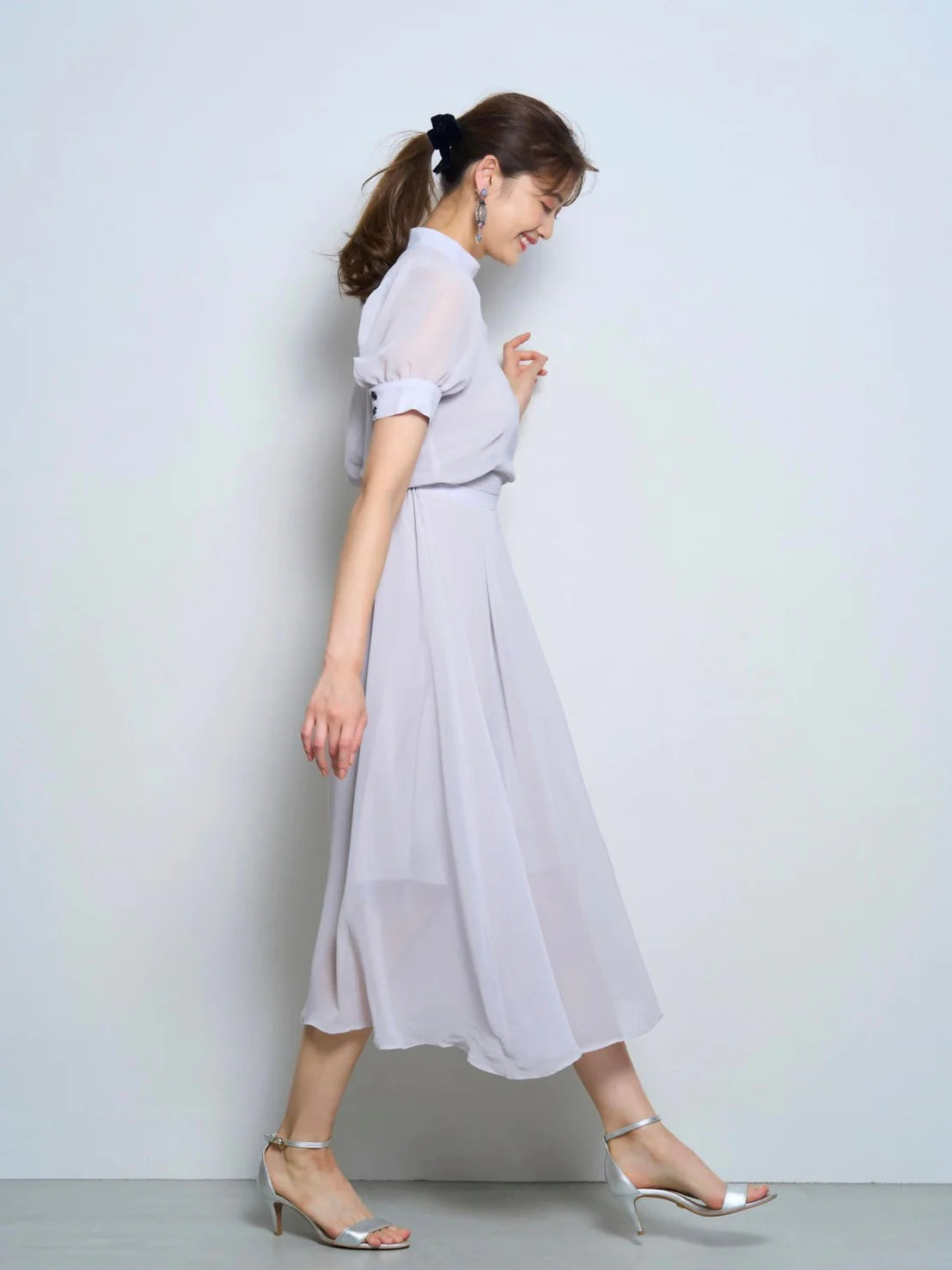 RICORD Chiffon Dress with Bowtie In Gray