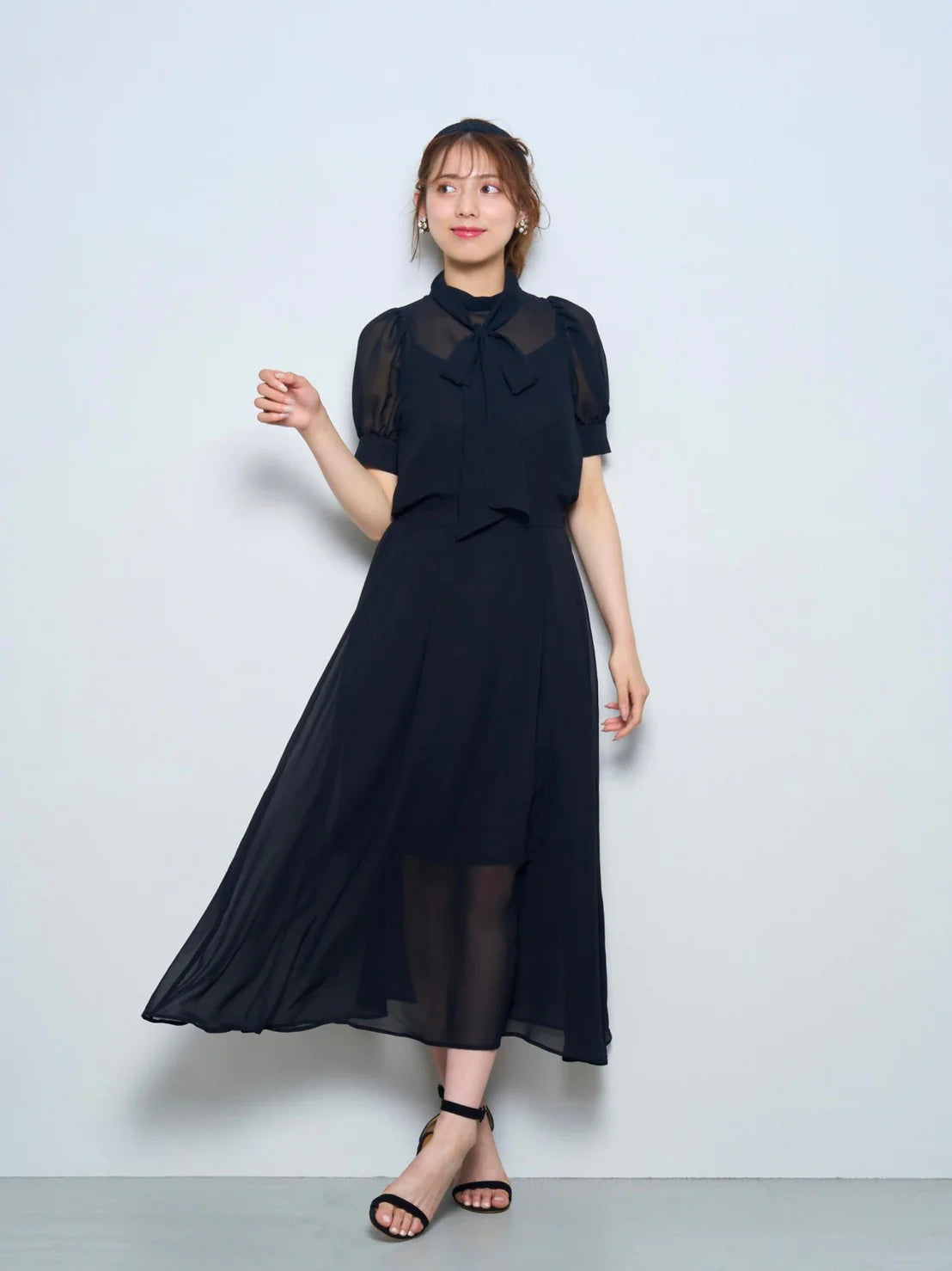 RICORD Chiffon Dress with Bowtie In Black