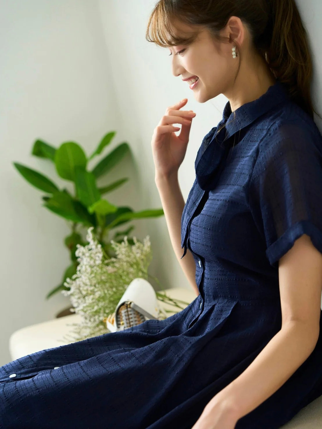 RICORD Shirt Long Dress With Bow Tie In Navy Check