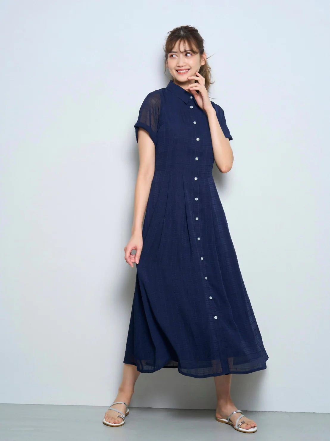 RICORD Shirt Long Dress With Bow Tie In Navy Check