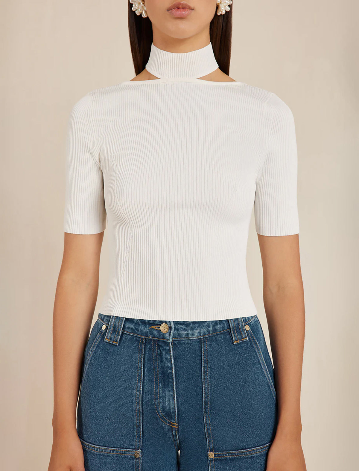 CULT GAIA Brianna Ribbed Knit Top in Off White