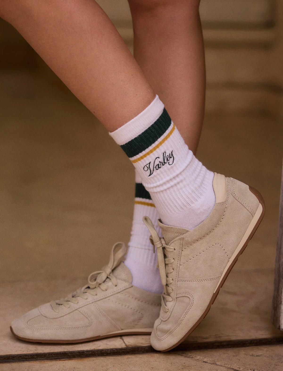 VARLEY Lamar Club Stripe Sock in White/Forest/Ochre