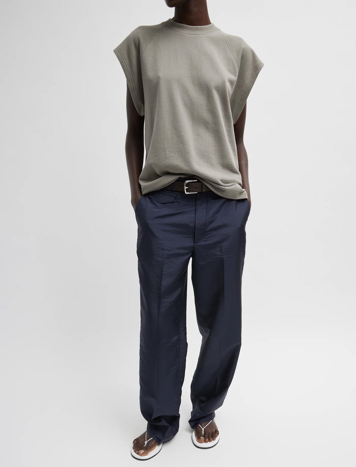 TIBI Light Weight Sweatshirting Sleeveless Easy Top in Dark Stone