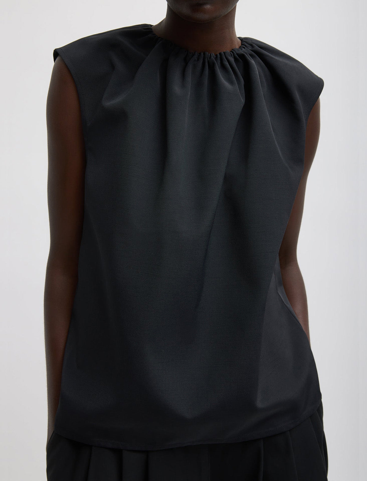 TIBI Lotte Nylon Shirred Neck Top in Black
