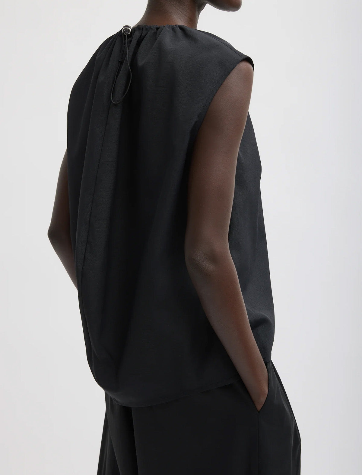 TIBI Lotte Nylon Shirred Neck Top in Black